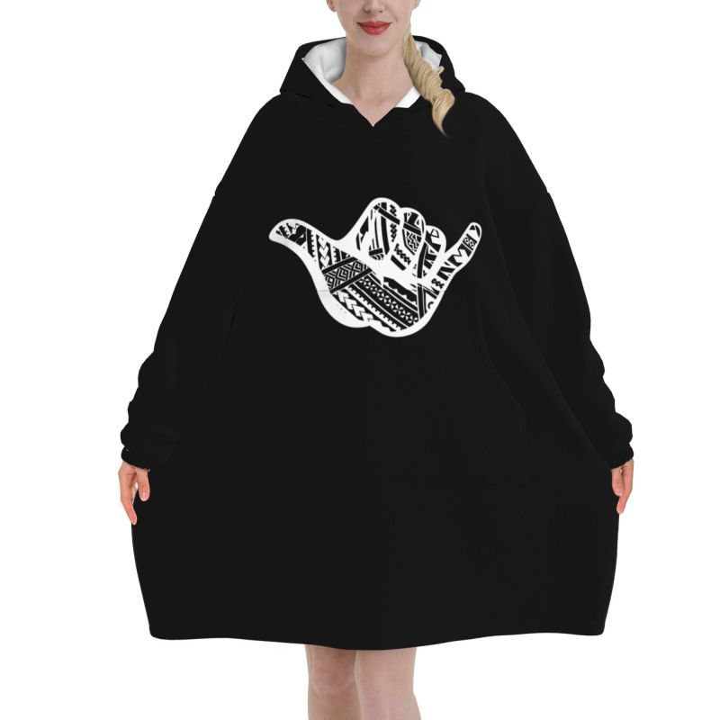 Sherpa Hoodie Fleece - Polynesische Tattoo Shaka Tribal Print Deken