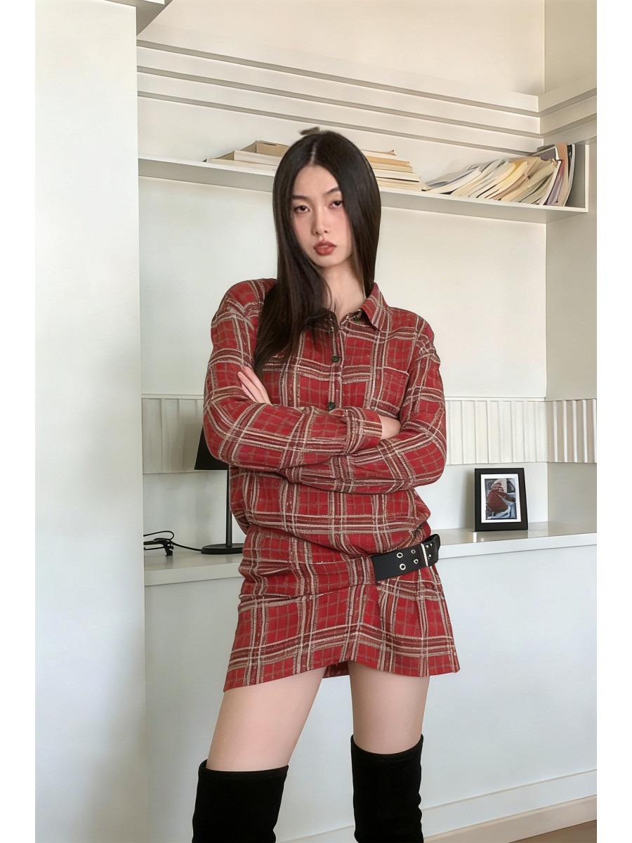 Flannel Shirt Lined - Punk geruite flanellen shirtjurk met riemgesp,
