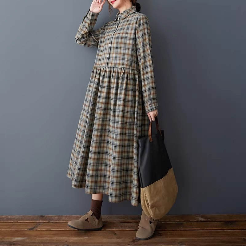 Flannel Shirt Lined - Koreaanse losse retro geruite overhemdjurk -