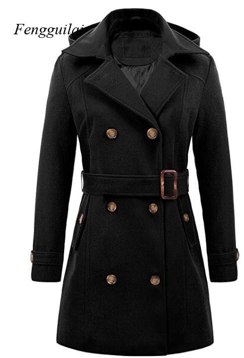 Wool Coat Peacoat - Zwarte dames wollen peacoat met capuchon,