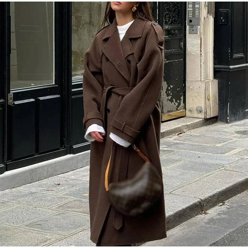 Wool Coat Peacoat - Elegante grijze riem lange imitatie wollen